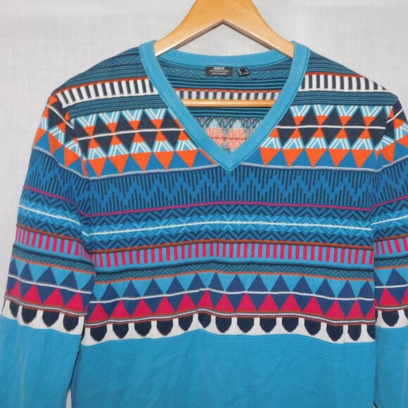 MEXX Metropolitan Mens L Slim Fit Blue Southwest Fair Isle Sweater V neck - Picture 2 of 9